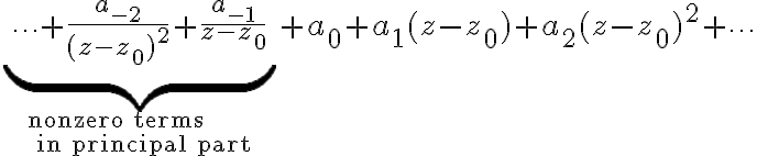 $\underbrace{\cdots+\frac{a_{-2}}{(z-z_0)^2}+\frac{a_{-1}}{z-z_0}}_{\textrm{nonzero terms\\ in principal part}}+a_0+a_1(z-z_0)+a_2(z-z_0)^2+\cdots$